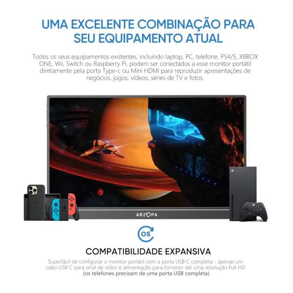 [produto no brasil ]ARZOPA Monitor portátil de 17,3 polegadas 1080P FHD 100% sRGB, tela IPS 16:9, corpo de metal, com mini HDMI tipo C, alto-falantes, para Mac /Laptop/PC/Xbox/Switch/PS, segunda tela externa, novo A1M - Imagem 4