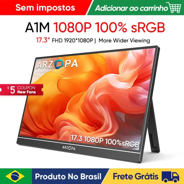 [produto no brasil ]ARZOPA Monitor portátil de 17,3 polegadas 1080P FHD 100% sRGB, tela IPS 16:9, corpo de metal, com mini HDMI tipo C, alto-falantes, para Mac /Laptop/PC/Xbox/Switch/PS, segunda tela externa, novo A1M