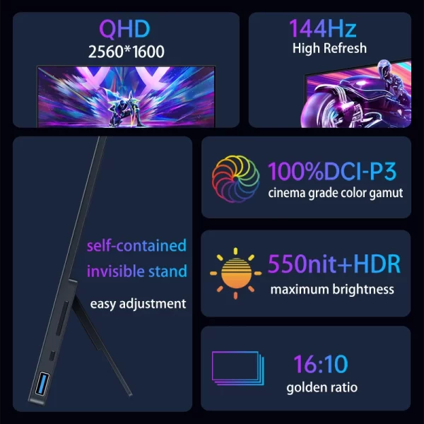 VCHANCE 16 ''2.5K 144hz Monitor portátil Touchscreen 2560x1600p 16:10 550nit Display para jogos para PC Laptop Phone Switch PS5 Xbox - Imagem 2