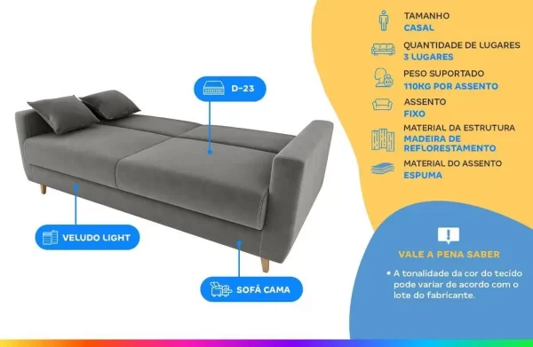 Sofá-cama Casal 3 Lugares Reclinável Veludo Matrix Emília - Imagem 2