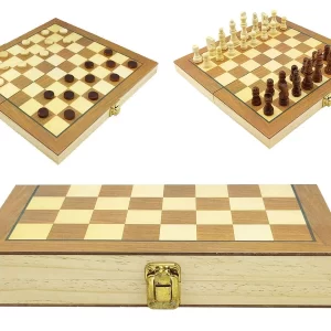 Jogo de Xadrez e Damas Dobrável em Madeira 2 em 1