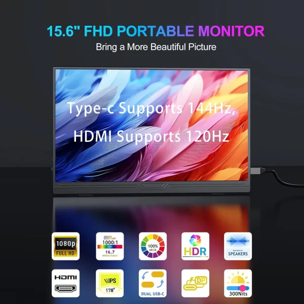 Monitor portátil de 15.6 polegadas 144Hz FHD IPS 300cd/m2 USB-C HDMI Monitor de jogos para PC/PS3/4/5/Switch/Xbox/Laptop/Mini Pc/Telefone - Imagem 2