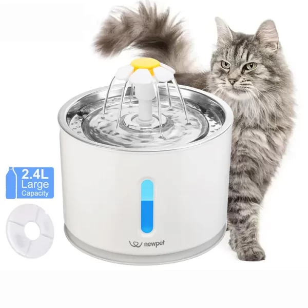 Newpet Bebedouro para gatos e animais de estimação 2.4L Filtros de carvão ativado LED Recipiente de alimentação automática Interface USB-Bivolt
