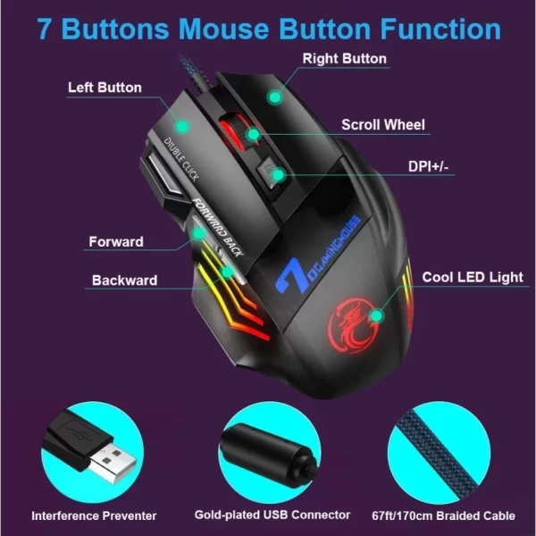 Mouse Gamer Laser X7 3200dpi Original KAPBOM Led Usb 7 Botões Profissional KA-617 - Imagem 5