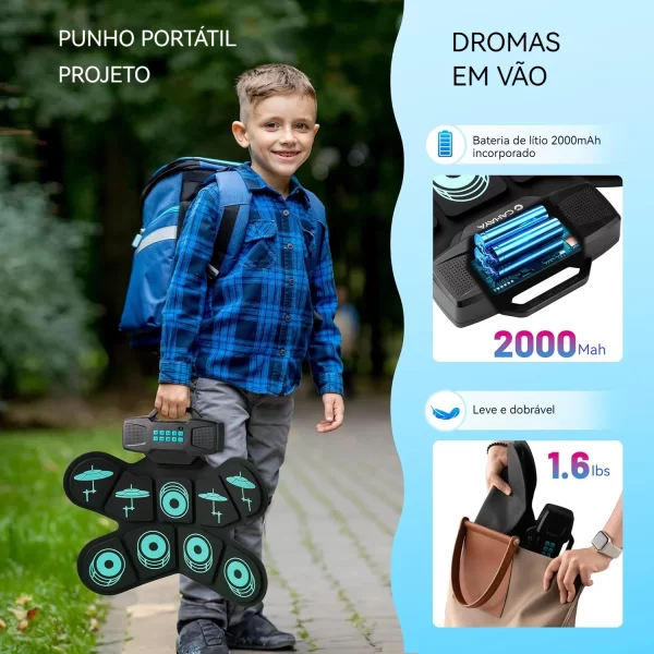 Conjunto de tapete de bateria eletrônica: alto-falante duplo portátil 9 almofadas bateria de prática elétrica midi link de jogo 4 horas vida música presente para iniciantes - Imagem 6
