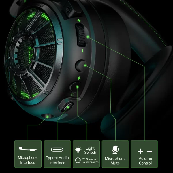 fone de ouvido EKSA E5000 Pro Gaming Headset com microfone, fones de ouvido com som surround 7.1 para PC Gamer, fone de ouvido com fio - Imagem 5