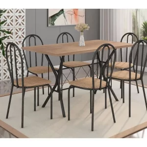 Mesa de Jantar Retangular com 6 Cadeiras Pretas