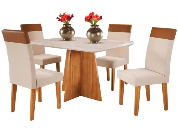 Mesa de Jantar 4 Cadeiras Retangular Mel e Off White Viena - Imagem 2