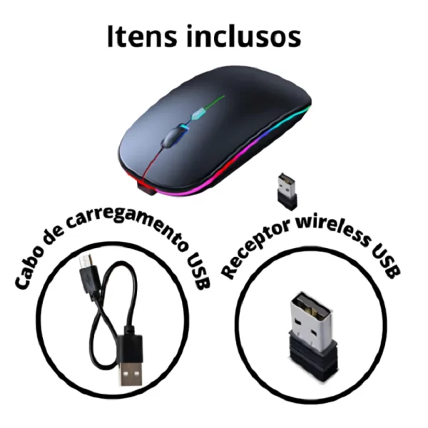 Mouse Sem Fio Sem Fio Com Bateria Interna Recarregavel 2,4 Ghz Led RGB Home Office - Imagem 3
