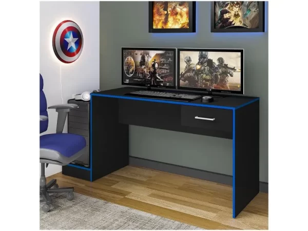 Mesa Gamer Artely Preto e Azul 1 Gaveta - Imagem 2