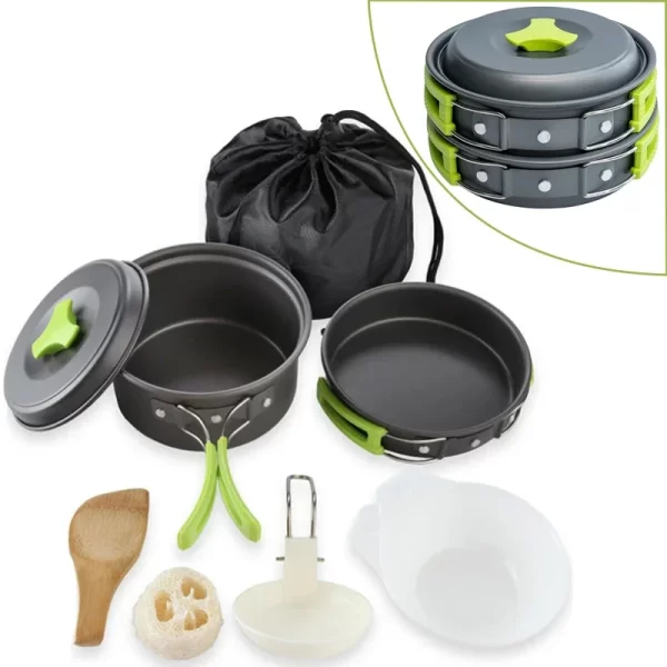 Conjunto de panelas de acampamento conjunto de cozinha de mochilão portátil, durável panelas ao ar livre com utensílios de mesa e saco de armazenamento prático