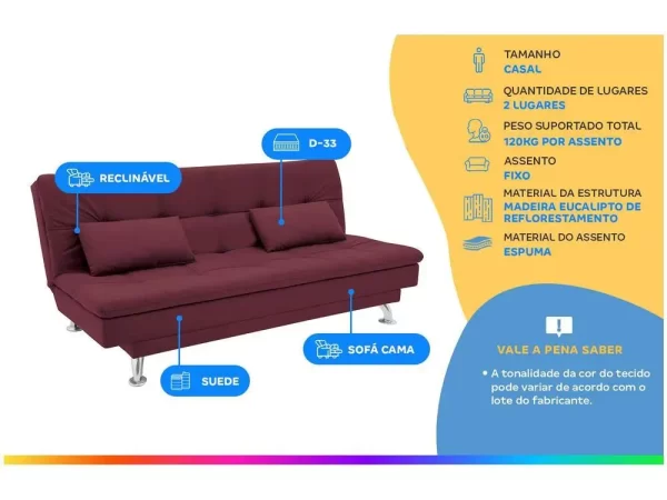 Sofá-cama Casal Reclinável Suede Linoforte Yasmin - Imagem 2