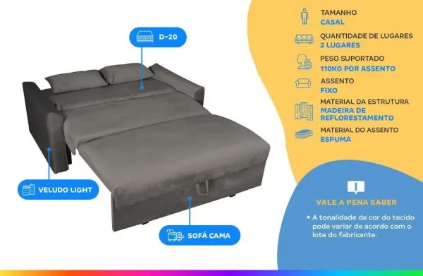 Sofá-cama Casal 2 Lugares com Baú Reclinável Veludo Matrix Cristal - Imagem 2
