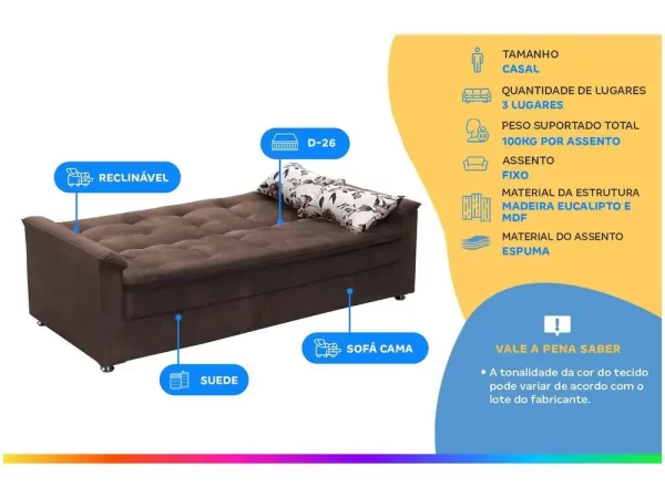 Sofá-cama Casal 3 Lugares Reclinável Veludo - Imagem 2