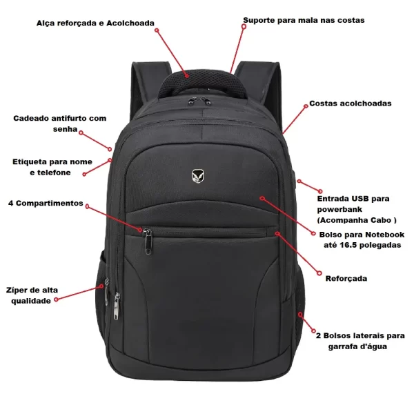 Mochila Notebook Executiva Anti Furto com Cadeado e USB - Imagem 5