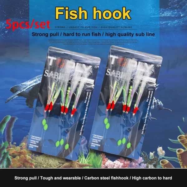 Penas de cavala de alta elasticidade, 5 lâminas de aço carbono isca de pesca marítima luminosa gancho de pesca ganchos isca ferramenta de fio