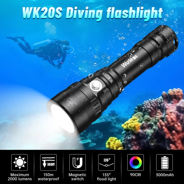 Wurkkos wk20s poderosa lanterna de mergulho ipx8 à prova dwaterproof água luz de mergulho recarregável max 2000 lúmen sst40 hd led 4 modos - Imagem 2