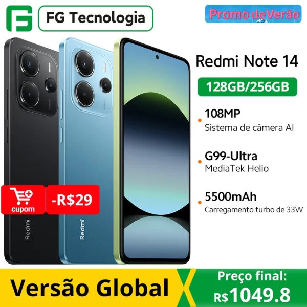 Versão global xiaomi redmi note 14 smartphone helio G99-Ultra 108mp câmera ai 6.67 "120hz display amoled 33w 5500mah bateria