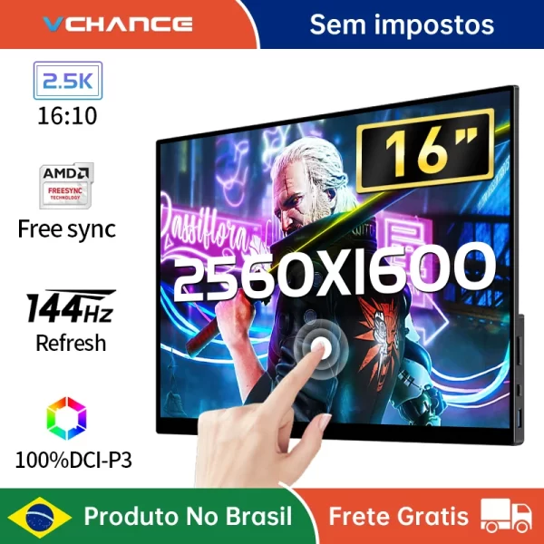 VCHANCE 16 ''2.5K 144hz Monitor portátil Touchscreen 2560x1600p 16:10 550nit Display para jogos para PC Laptop Phone Switch PS5 Xbox