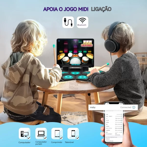 Conjunto de tapete de bateria eletrônica: alto-falante duplo portátil 9 almofadas bateria de prática elétrica midi link de jogo 4 horas vida música presente para iniciantes - Imagem 4