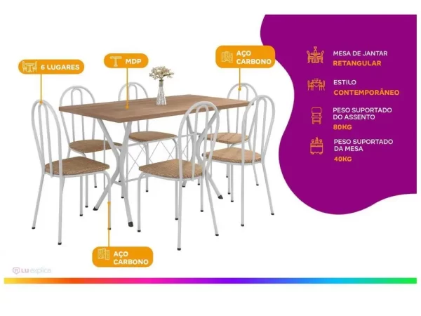 Mesa de Jantar 6 Cadeiras Retangular Branca - Imagem 2