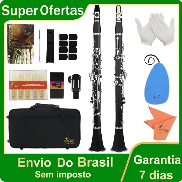 SLADE Clarinete preto Bb Clarinete plano 17 Clarinete de chave de níquel para iniciantes vem com 2 barris de arma casca dura e kit de limpeza
