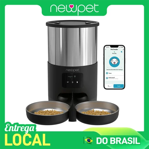 Newpet Alimentador temporizado para gatos 5L APP inteligente Comedouro para gatos em aço inoxidável Dispensador automático de alimentação remota de refeição dupla para gatos e cães