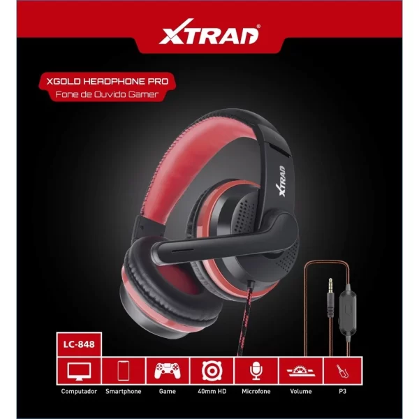 Headset com Microfone para Gamer, Headphone para PC, Notebook, Celular, PS4, Inteligência P3, LC-848, Marca XTRAD - Imagem 3