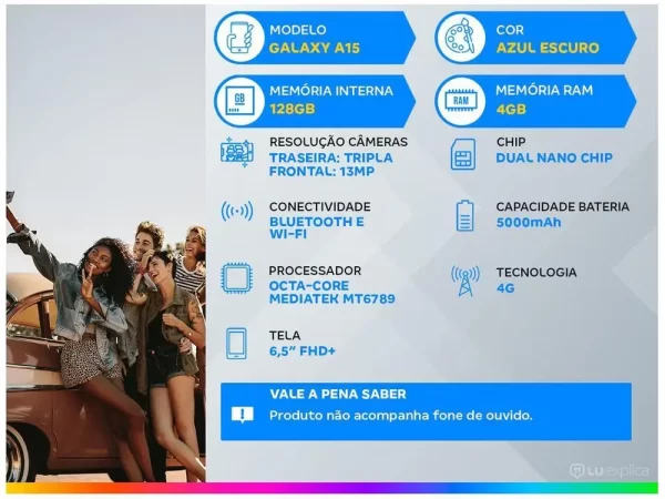 Smartphone Samsung Galaxy A15 6,5" 128GB Azul Escuro 4G 4GB RAM Câm. Tripla 50MP + Selfie 13MP 5000mAh Dual Chip - Imagem 2