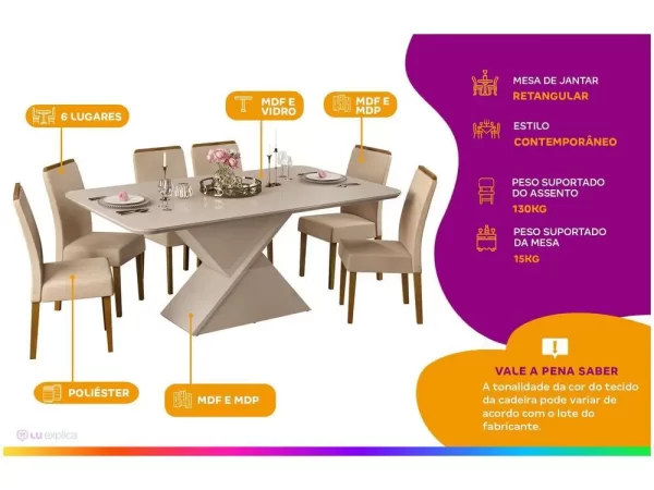 Mesa de Jantar 6 Cadeiras Retangular Off White e Saara DJ Móveis Firenze - Imagem 2