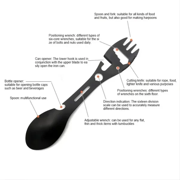 10 em 1 multifuncional acampamento ao ar livre sobrevivência garfo colher chave de cozinha abridor de garrafa colher acessórios ao ar livre ferramenta - Imagem 5