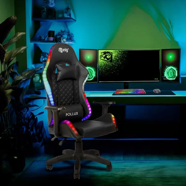 Cadeira Gamer Ergonômica Pollux, ELG, CH08BKRGB, Braço 3D, Inclinação de até 135º e 150kg, LED RGB