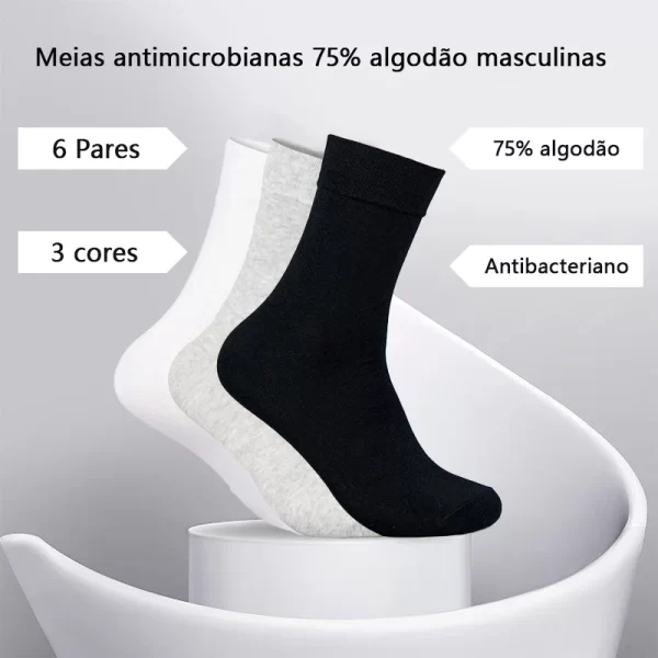 6 Pares, Meias Antibacterianas Masculinas 75% Algodão, Casuais de Negócios, Leves e Respiráveis, Meias Esportivas