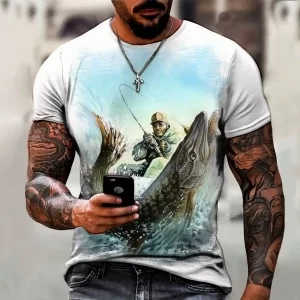 Camiseta de Pescaria com Estampa de Peixe e Anzol