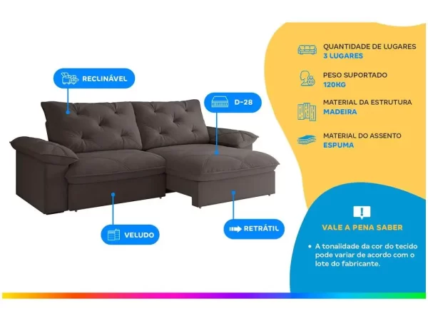 Sofá 3 Lugares Retrátil Reclinável Veludo Vancouver Besthouse - Imagem 2