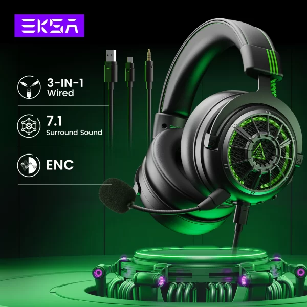 fone gamer EKSA E5000 Pro fone de ouvido gamer Gaming Auscultadores para PC/PS4/Xbox/Switch, 7.1 Wired Headset Gamer com microfone ENC, USB/Tipo C/Cabo destacável de 3,5mm