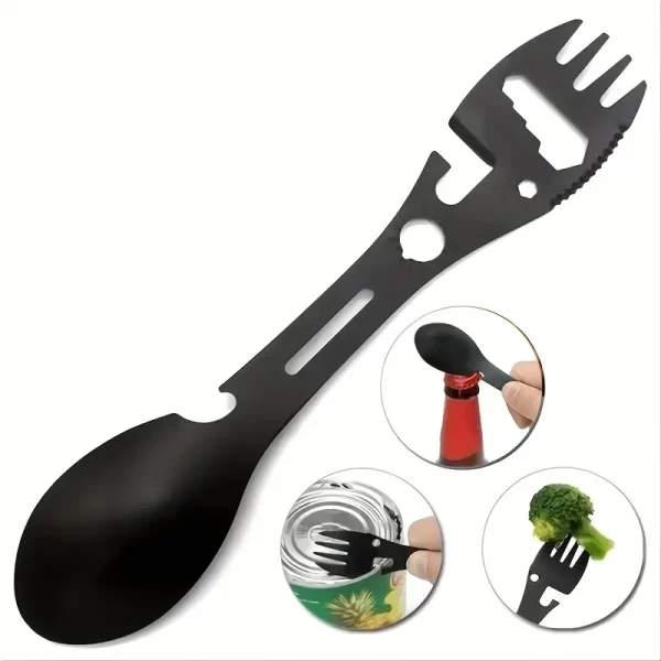 Colher de talheres multifuncional, multiferramenta, abridor de latas, talheres de garrafa portátil, multiferramenta, utensílio de acampamento, garfo, stainles