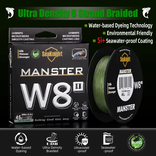 Seaknight marca w8 ii série linhas de pesca 8 tece 500m 300m 150m atualização forte trançado linha pe para pesca em água do mar 15-100lbs