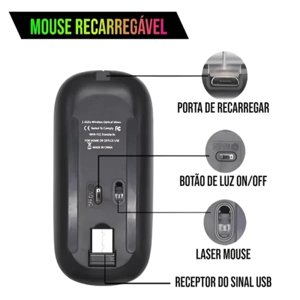 Mouse Sem Fio Sem Fio Com Bateria Interna Recarregavel 2,4 Ghz Led RGB Home Office - Imagem 2