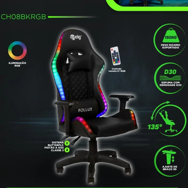 Cadeira Gamer Ergonômica Pollux, ELG, CH08BKRGB, Braço 3D, Inclinação de até 135º e 150kg, LED RGB - Imagem 2