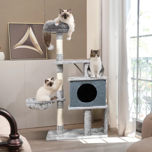 Newpet Árvore para gatos grande com vários níveis Prateleira de madeira para escalada Estrutura para arranhador Posto de arranhadura Pilar de sisal Plataforma de salto para moer as patas Torre de poleiro