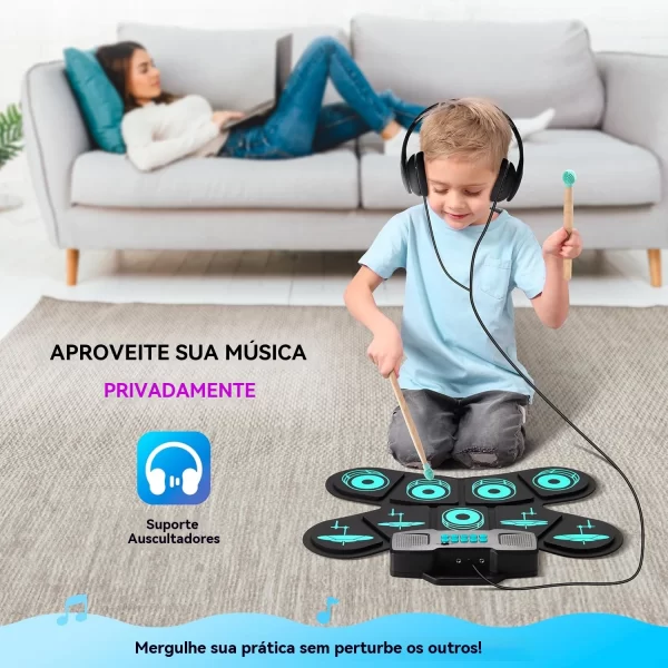 Conjunto de bateria eletrônica com 9 almofadas, kit de bateria digital, compatível com bluetooth, portátil, bateria eletrônica, presentes de feriado - Imagem 5