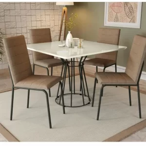 Mesa de Jantar Quadrada com 4 Cadeiras Capuccino Crome