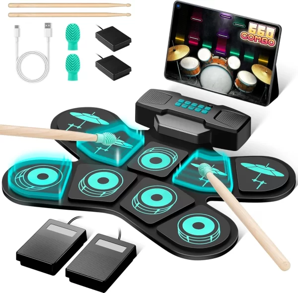 Conjunto de bateria eletrônica com 9 almofadas, kit de bateria digital, compatível com bluetooth, portátil, bateria eletrônica, presentes de feriado